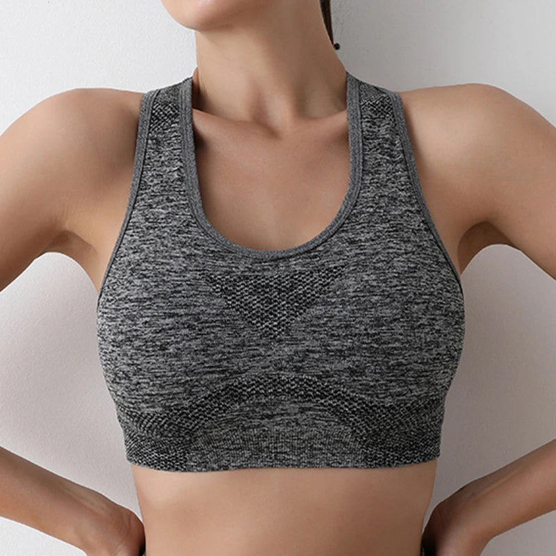 KiKis grey seamless push up sports bra for women with racerback design and supportive fit