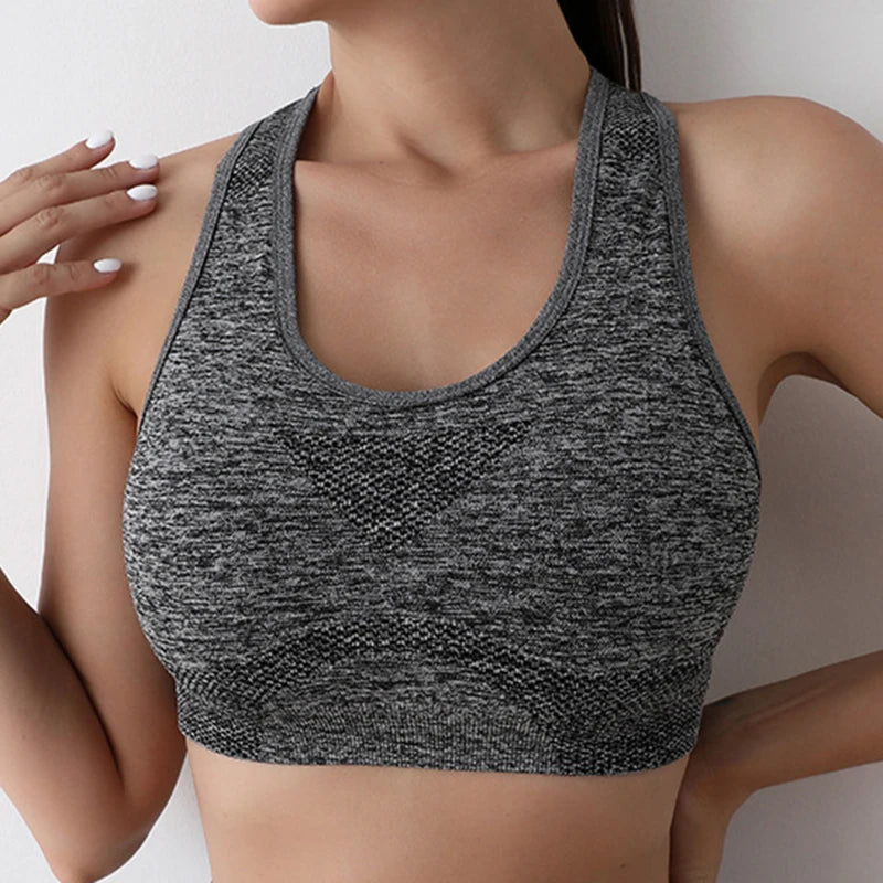 KiKis grey push up sports bra for women with seamless design and racerback support