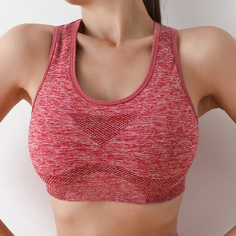 KiKis red seamless push up sports bra for women with breathable fabric and racerback design