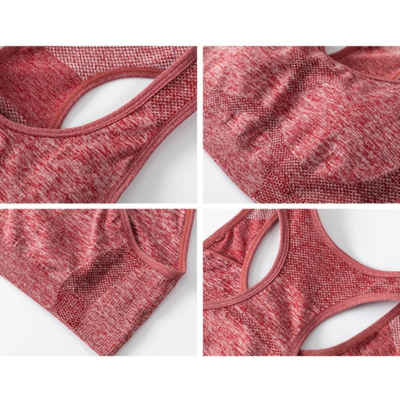 KiKis red seamless push up sports bra for women showing detailed fabric texture and design close-ups