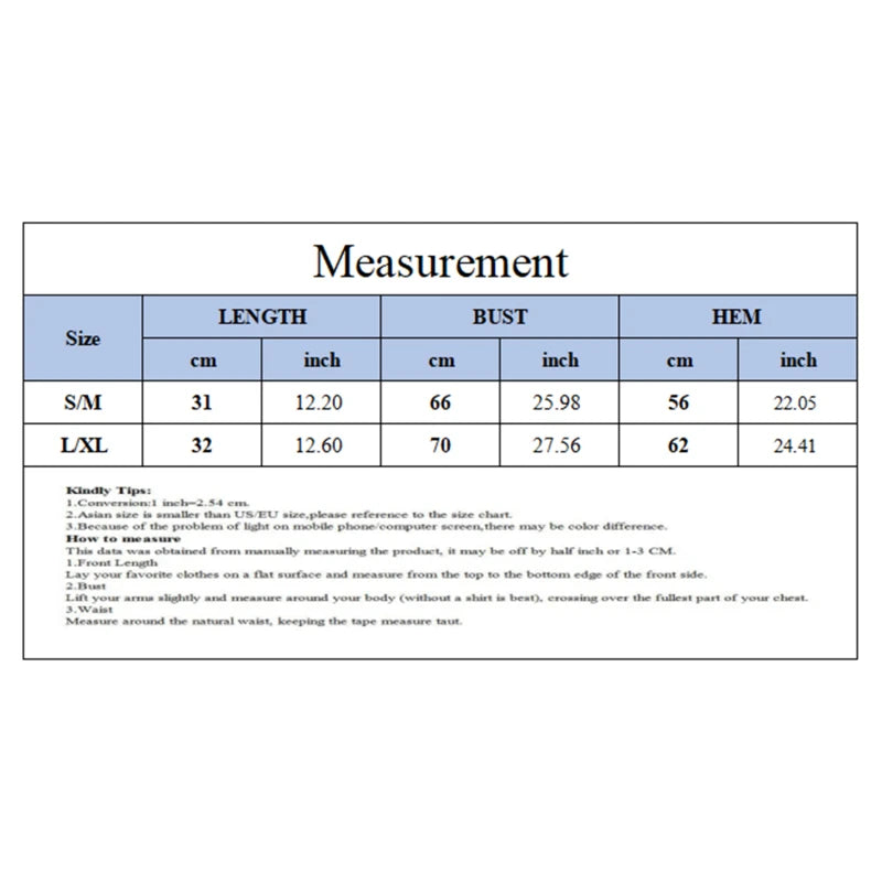 KiKis size chart for push up sports bra for women showing length bust and hem measurements in cm and inches