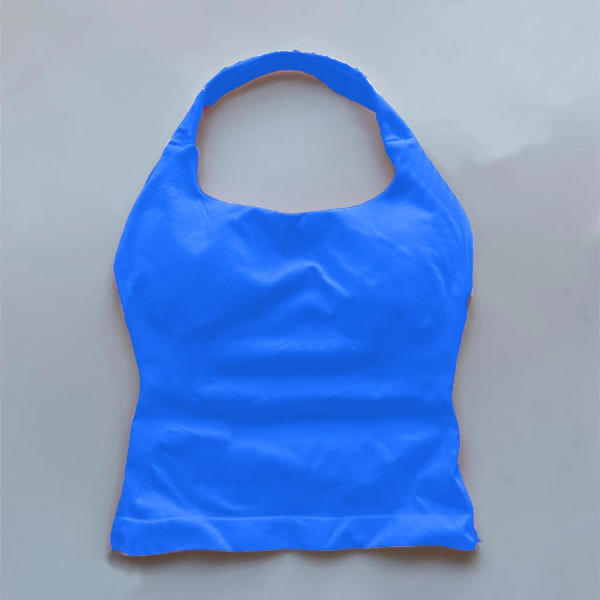 KiKis seamless backless sports tank top in blue with a smooth, stretchy fabric and halter neck design