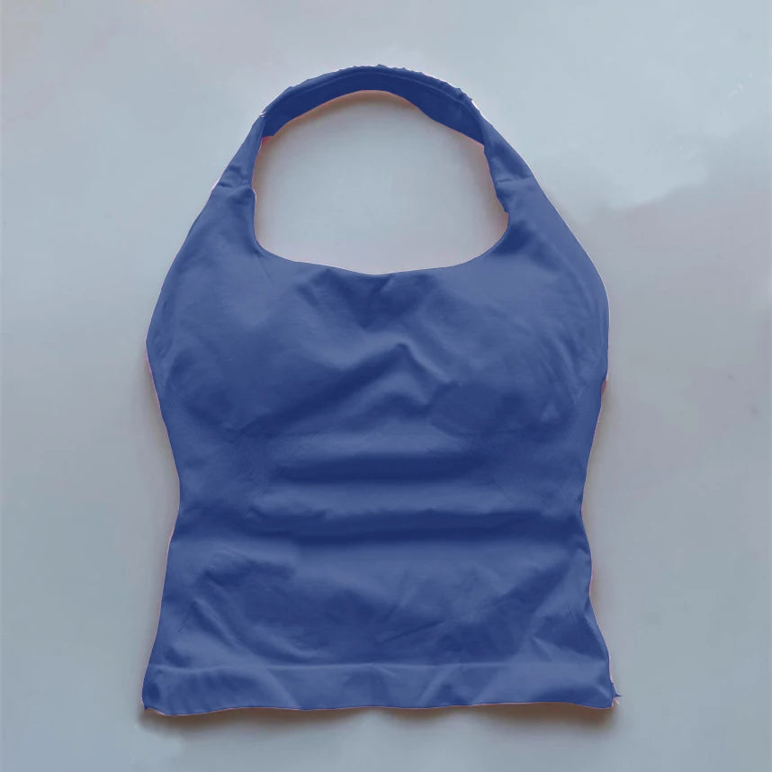 Blue seamless backless sports tank top laid flat with halter neck design