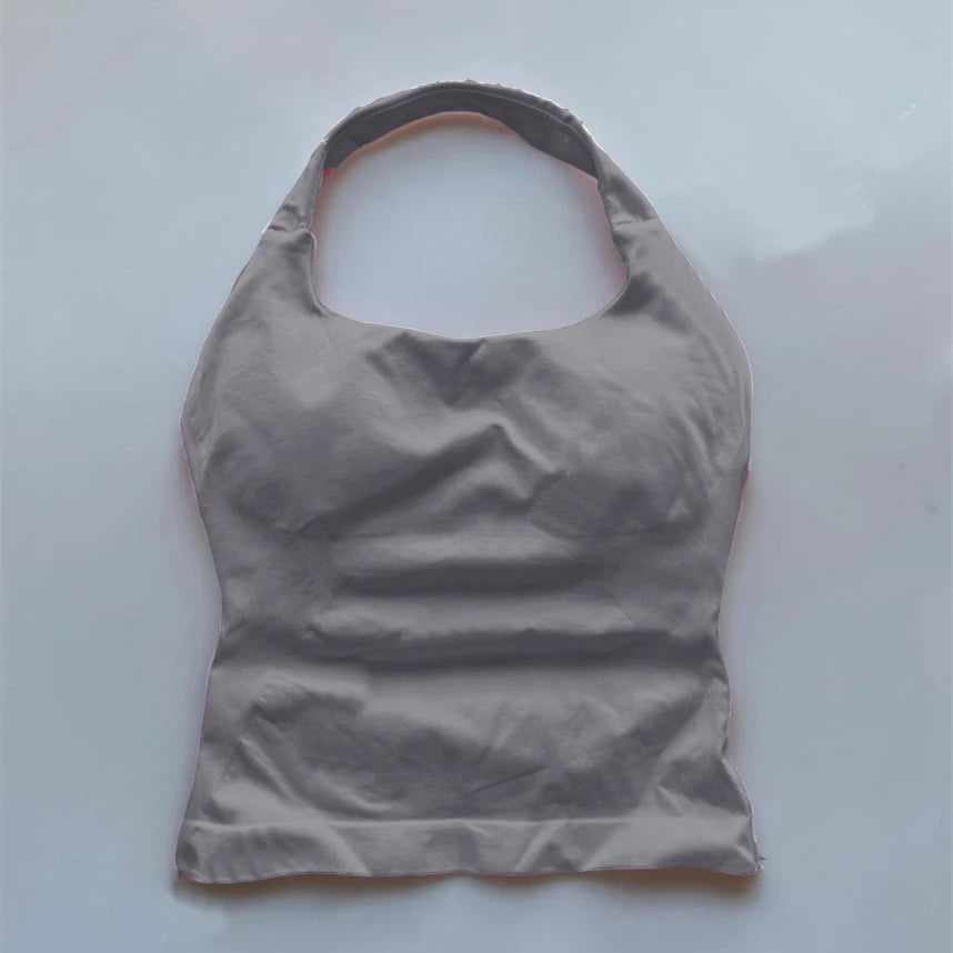 KiKis seamless backless sports tank top in gray laid flat on white background