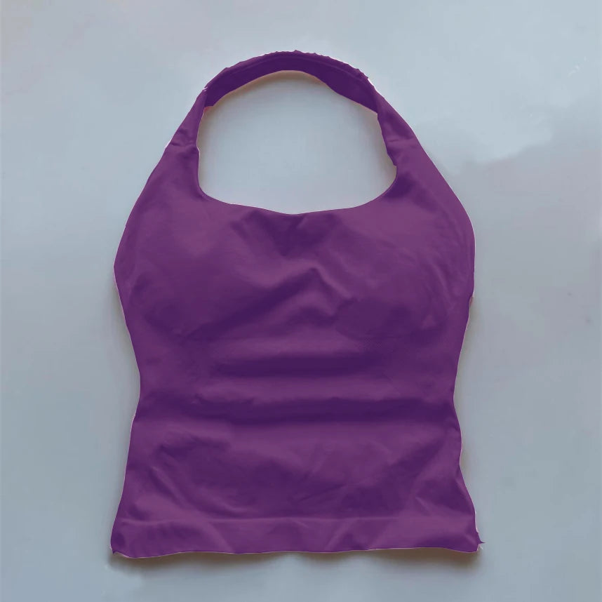 KiKis seamless backless sports tank top in purple with halter neck design and smooth fabric