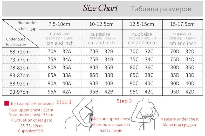 KiKis seamless push up bra for women size chart showing chest and underbust measurements with fitting instructions