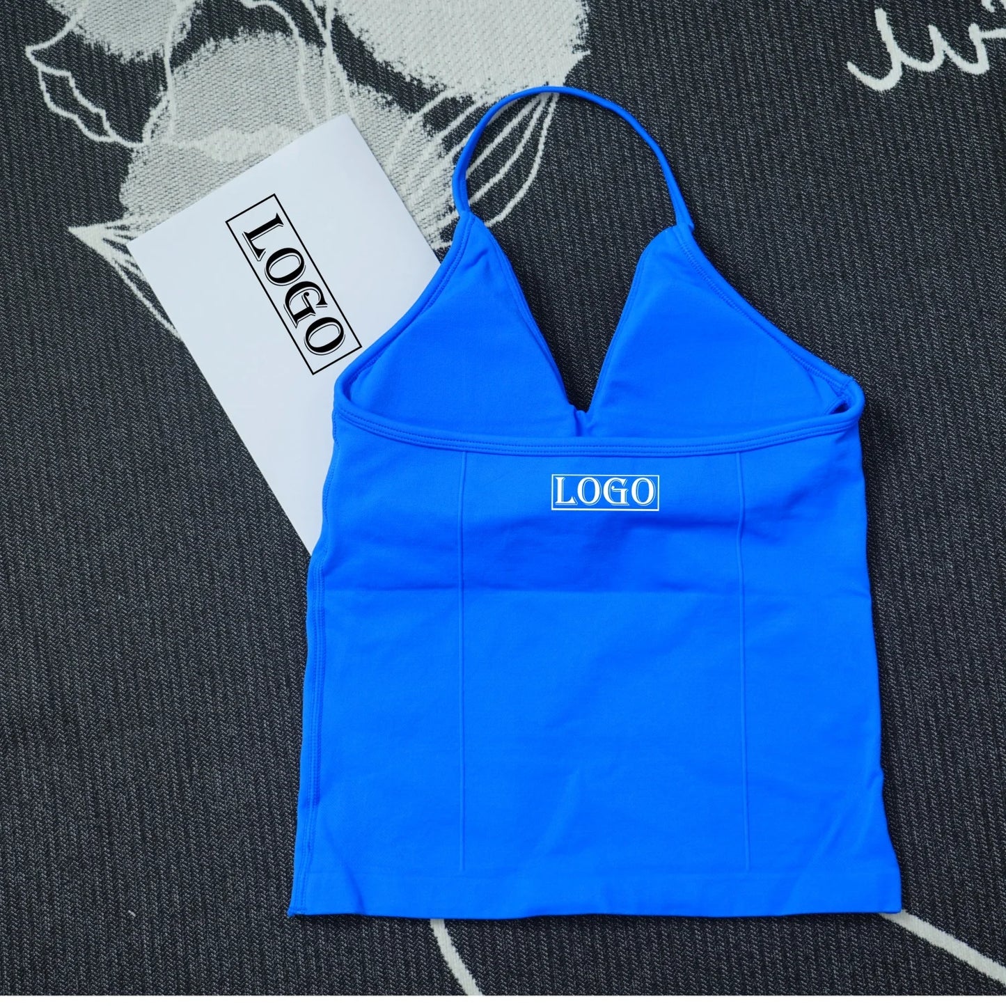 KiKis seamless yoga sports bra in bright blue with thin adjustable straps and logo branding