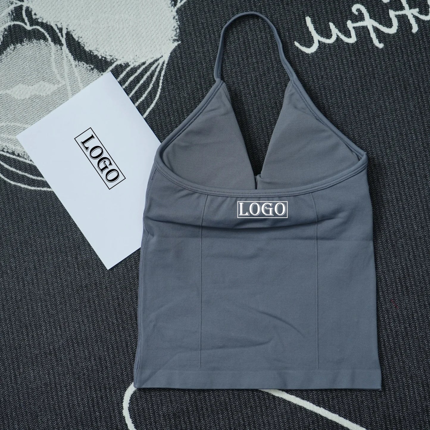 KiKis seamless yoga sports bra in gray with thin straps and a minimalist design