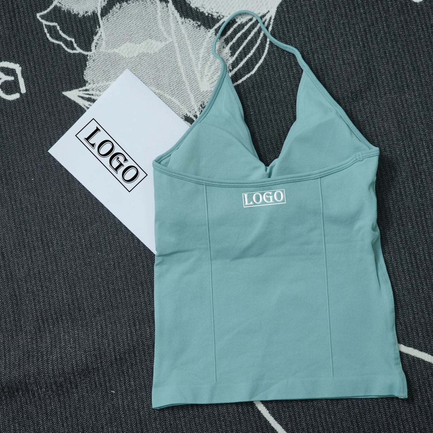 KiKis seamless yoga sports bra in light teal with thin straps and soft fabric for comfort