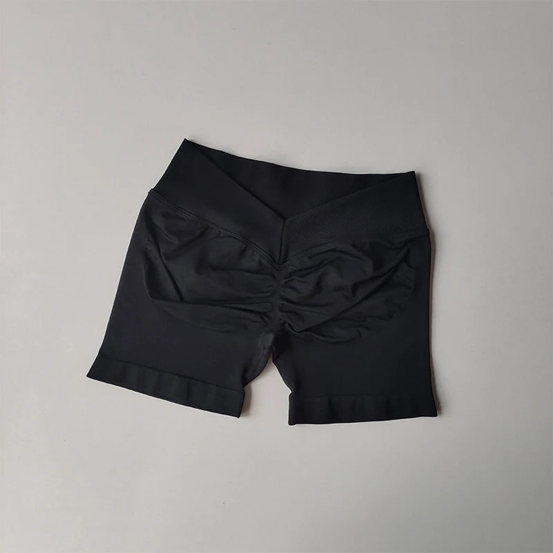 Black seamless yoga suit for women shorts with high waist and ruched detail by KiKis