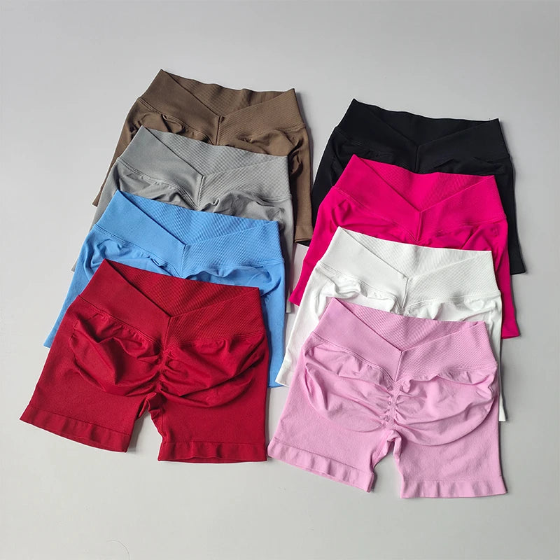 KiKis seamless yoga suit for women shorts in various colors including red, pink, blue, white, black, gray, and brown