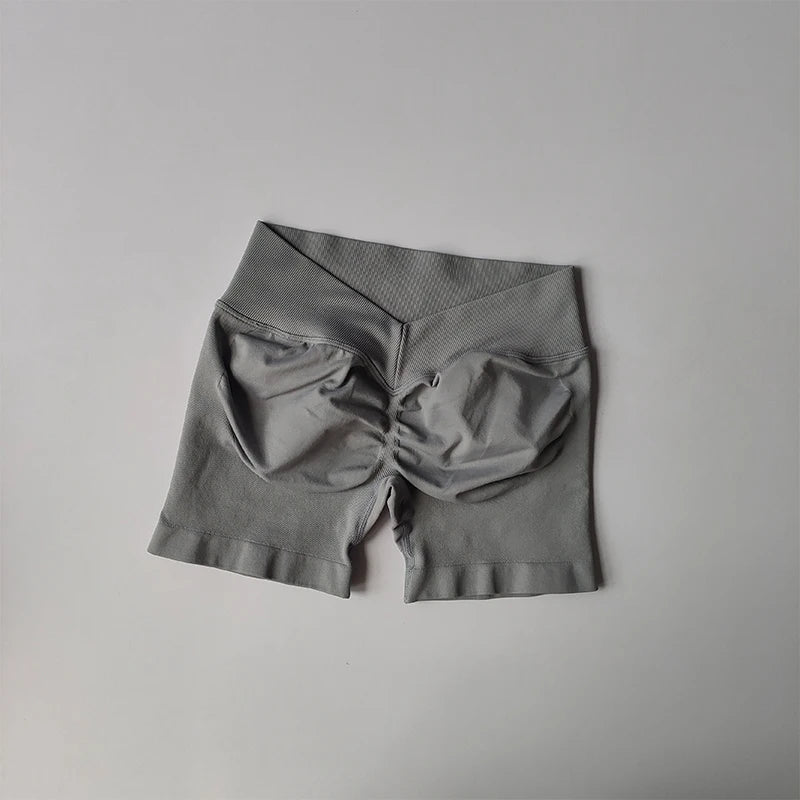 Gray seamless yoga suit for women shorts with ruched detailing and wide waistband by KiKis