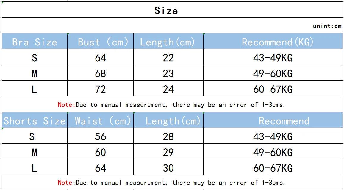 KiKis size chart for seamless yoga suit for women showing bust, waist, and length measurements for sizes S, M, and L