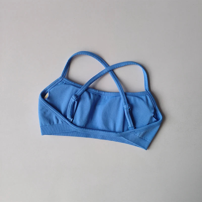 Blue seamless yoga suit for women top with adjustable thin straps by KiKis