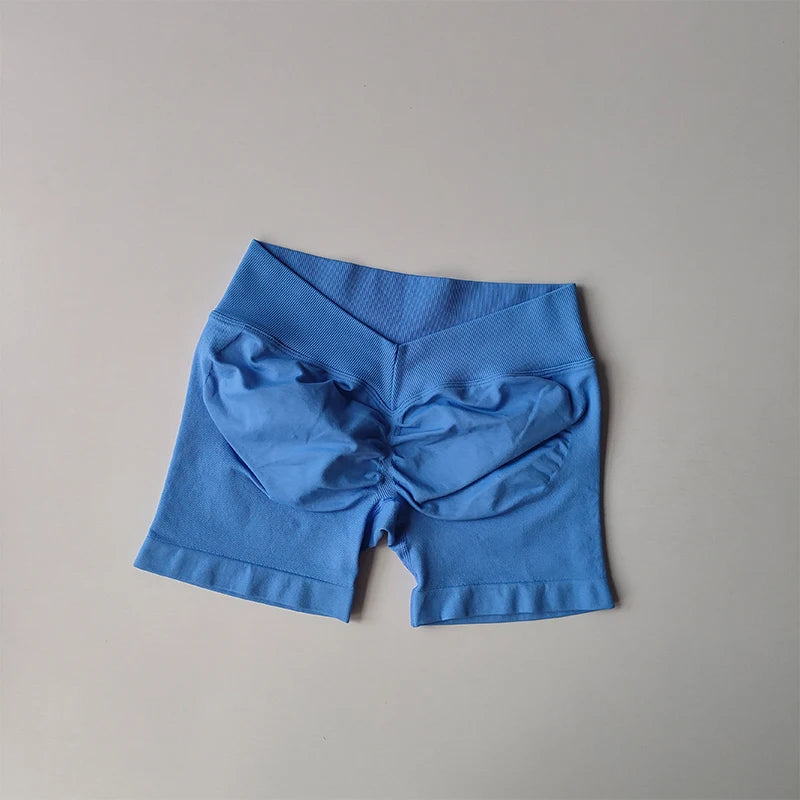 Blue seamless yoga suit for women shorts with high waistband and ruched detailing