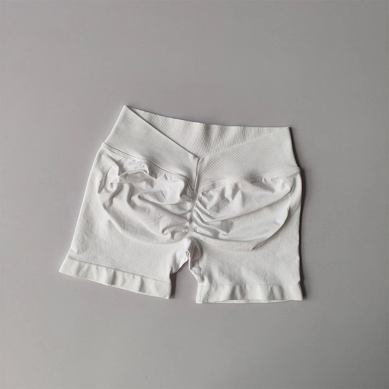 White seamless yoga suit for women shorts with ruched back and high waistband by KiKis
