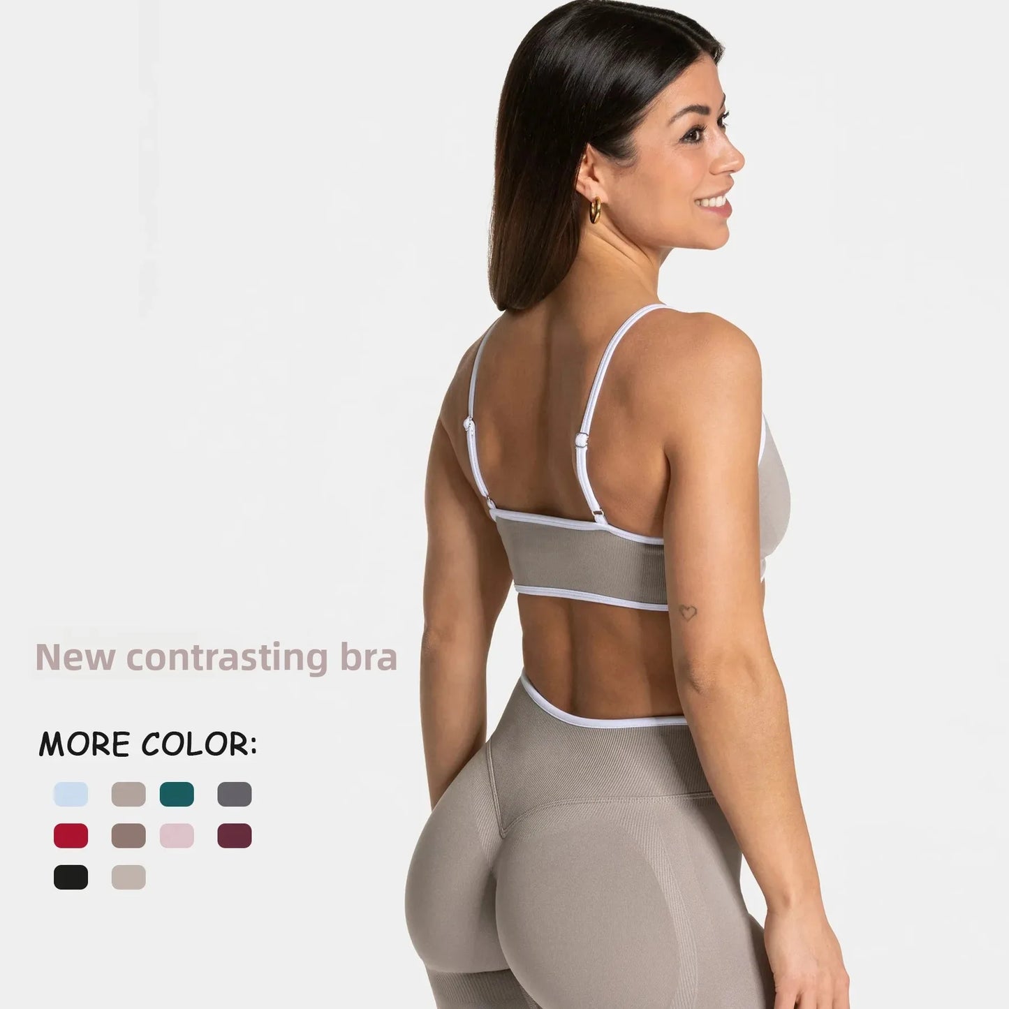 KiKis shockproof yoga bra outdoor fitness in neutral color worn by smiling woman from back