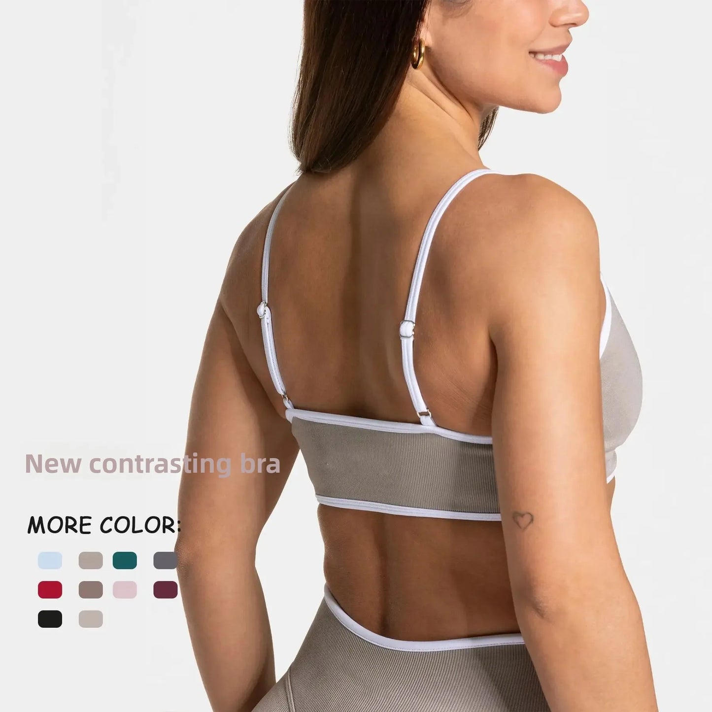 KiKis shockproof yoga bra outdoor fitness in taupe with adjustable straps and white trim