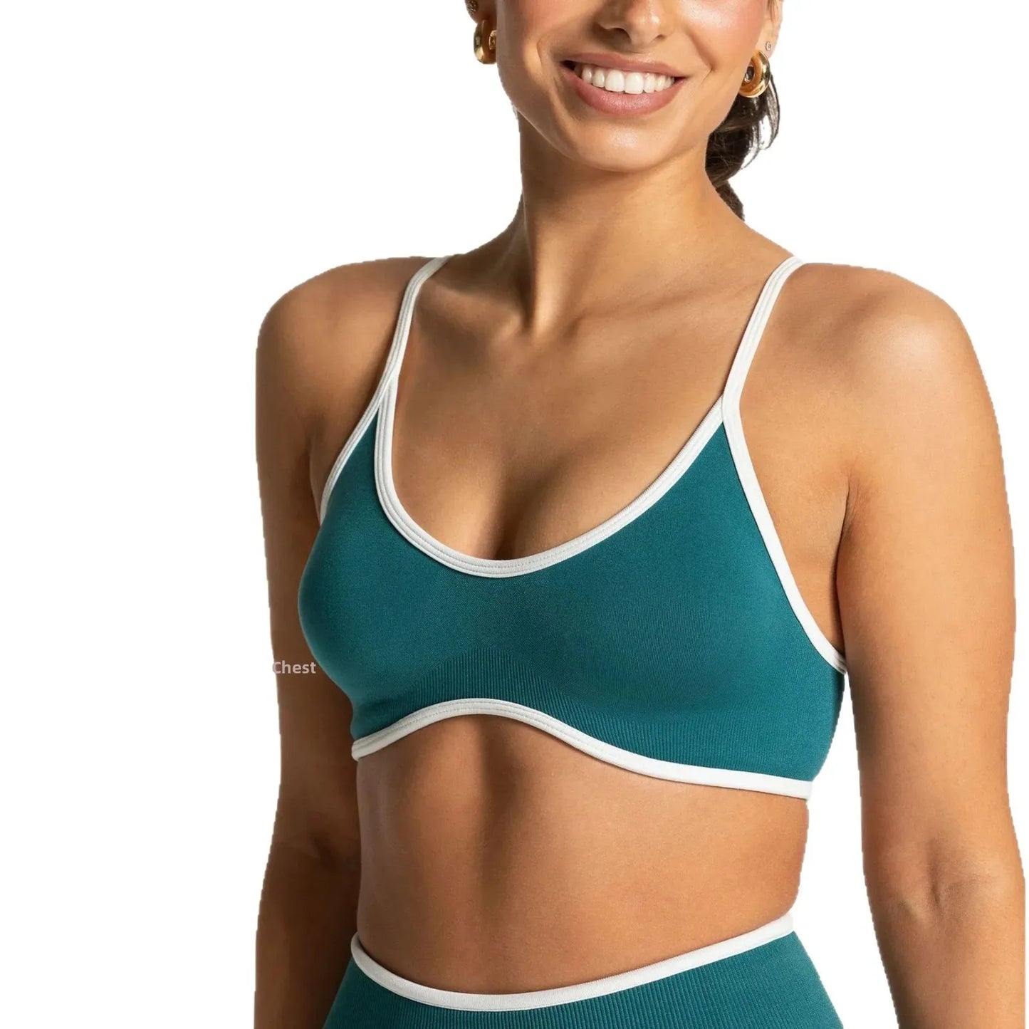 KiKis shockproof yoga bra outdoor fitness in teal with white trim and adjustable straps