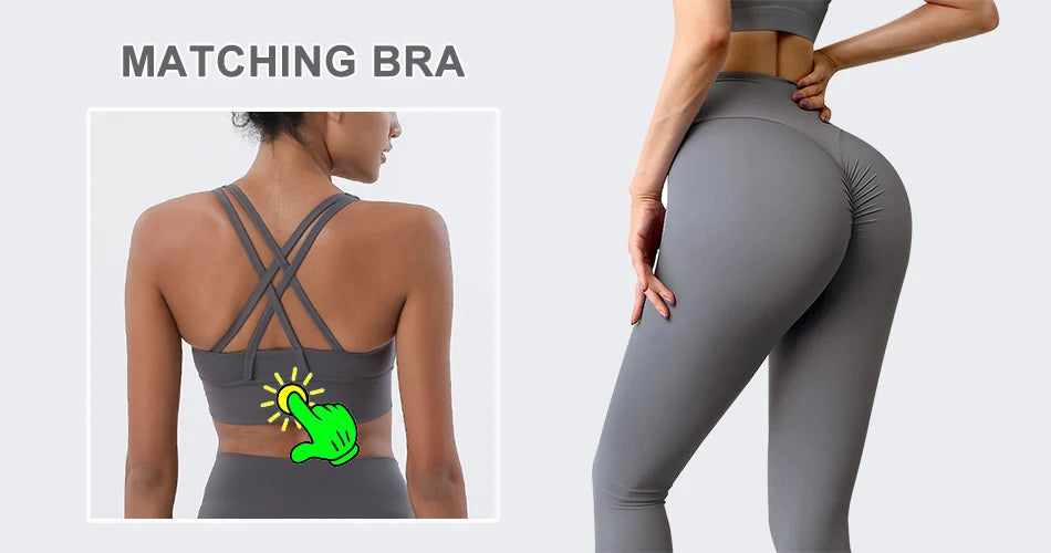 Womens Seamless Yoga pants by SOISOU in gray shown from back with matching strappy bra by KiKis