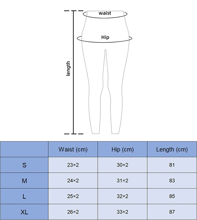 Size chart with waist, hip, and length measurements for Womens Seamless Yoga pants by SOISOU