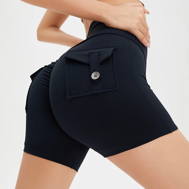 KiKis black high waisted cycling shorts women with buttoned side pocket for active wear
