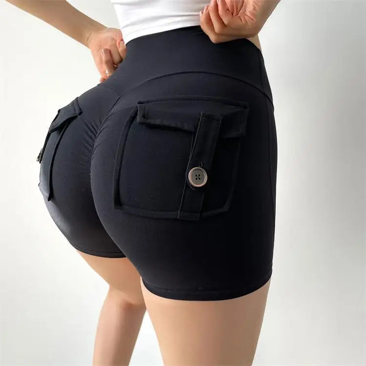 KiKis black high waisted cycling shorts women with buttoned side pockets and snug fit