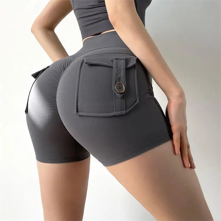 High waisted cycling shorts women in dark gray with side pockets and button details by KiKis