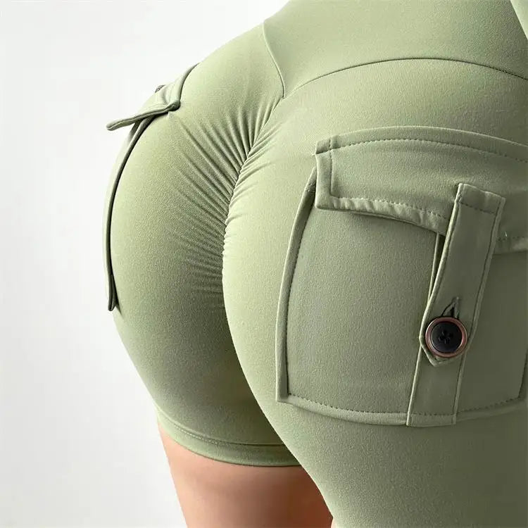 KiKis olive green high waisted cycling shorts women with ruched back and buttoned side pocket