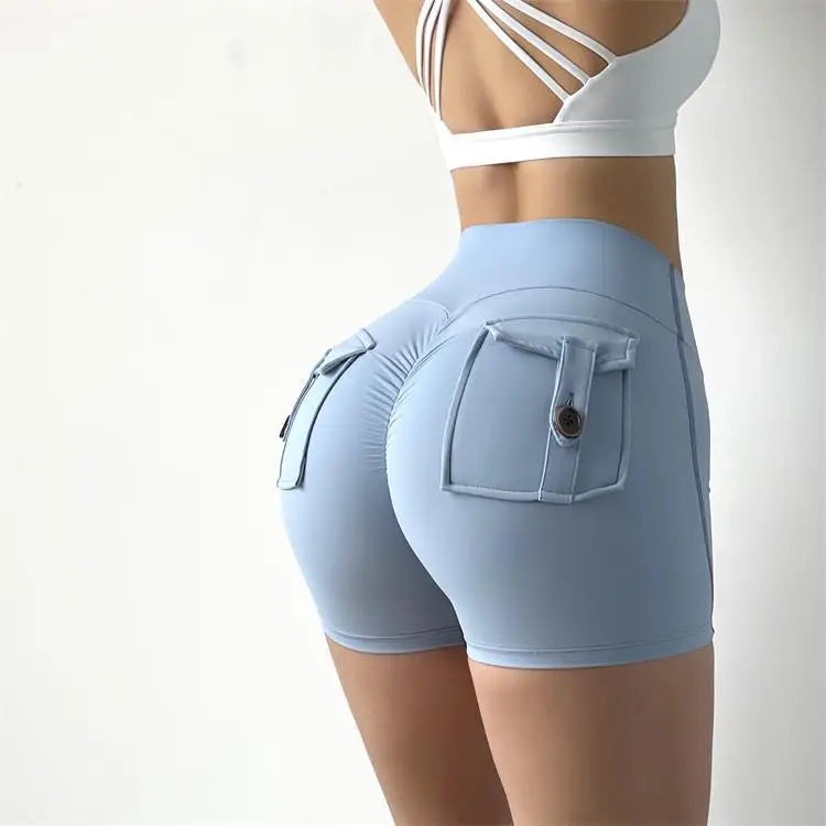 KiKis high waisted cycling shorts women in light blue with back pockets and ruched detail