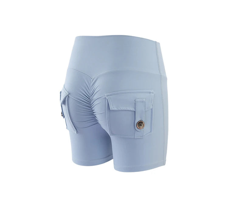 KiKis light blue high waisted cycling shorts women with ruched back and side button pockets