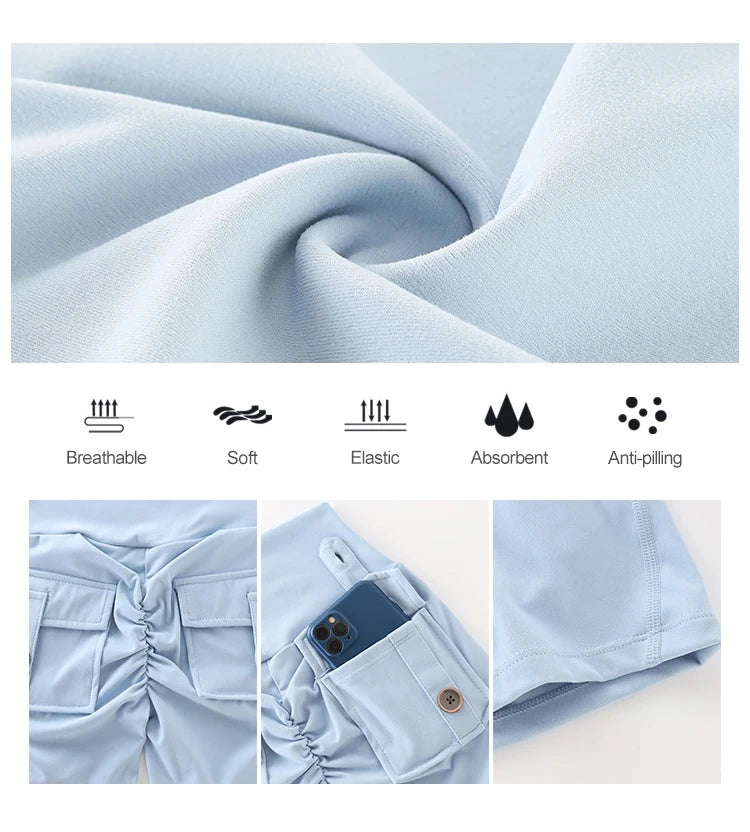 KiKis high waisted cycling shorts women in light blue showing fabric texture, pockets, and seam details