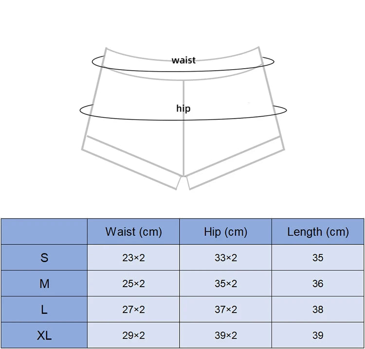 Size chart for KiKis high waisted cycling shorts women showing waist hip and length measurements in centimeters