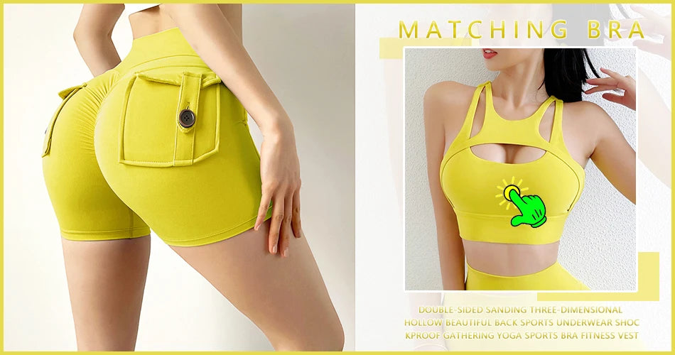 KiKis high waisted cycling shorts women in bright yellow with side pockets and matching sports bra