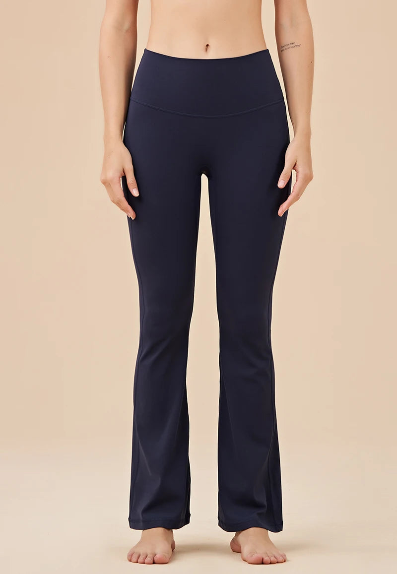 KiKis womens bell bottom yoga pants in navy with high waist and fitted flare design