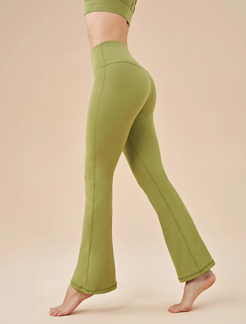 KiKis womens bell bottom yoga pants in olive green with high waist and flared legs