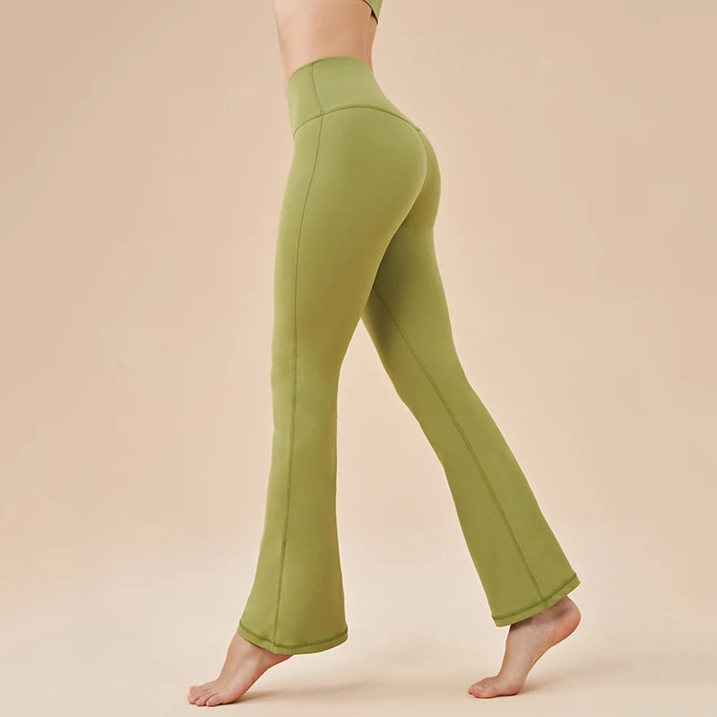 KiKis Womens Bell bottom yoga pants in olive green stretch fabric with high waist design