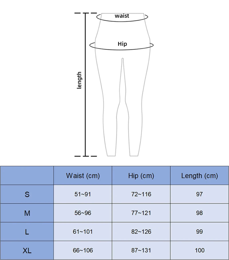 Size chart showing waist, hip, and length measurements for womens bell bottom yoga pants