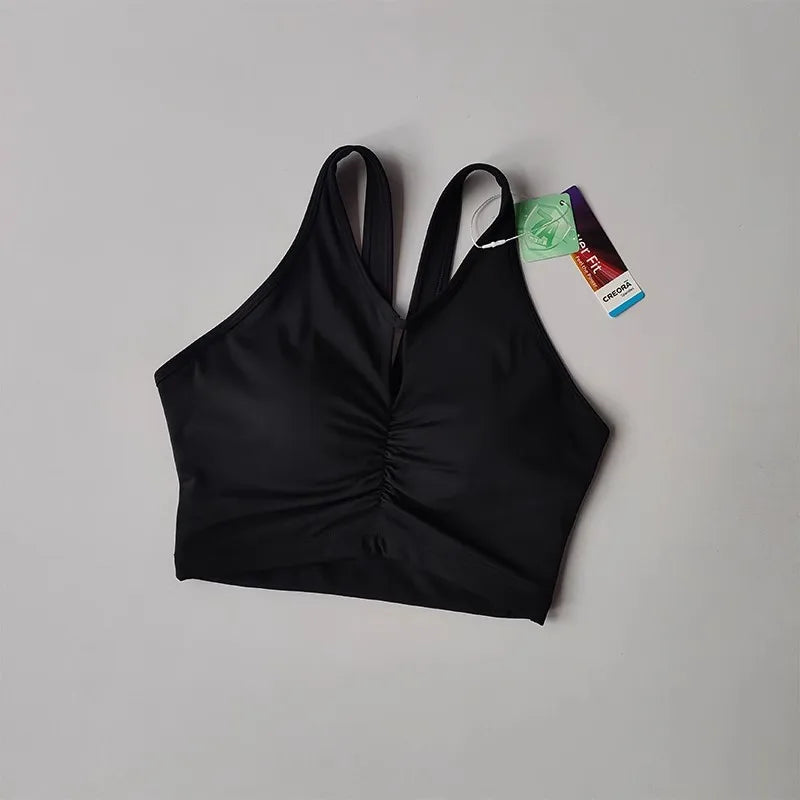 KiKis black women's push up sports bra with ruched front and adjustable straps
