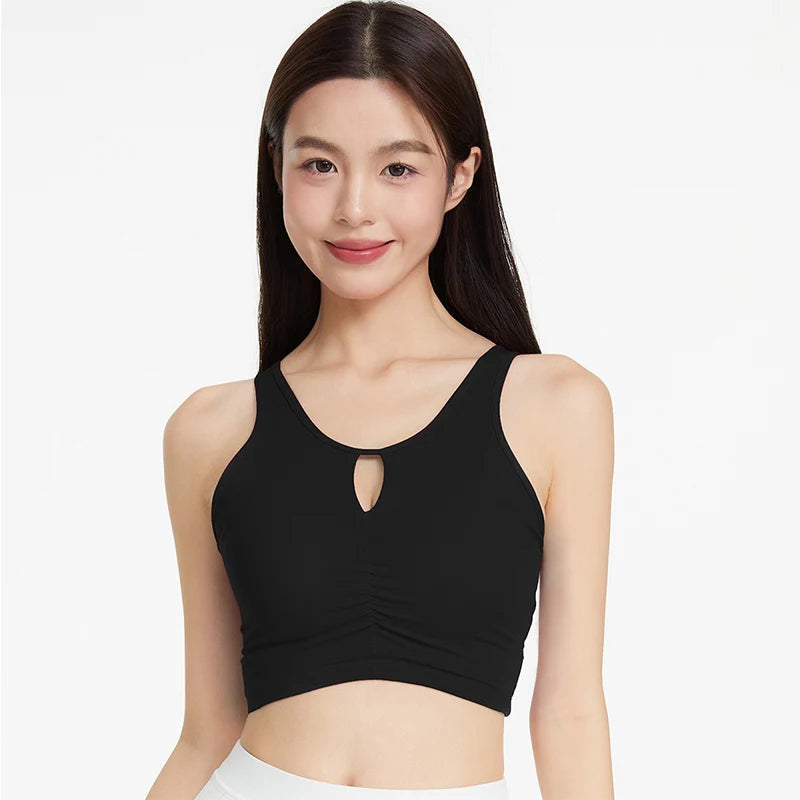 KiKis women's push up sports bra in black with keyhole detail and ruched front design