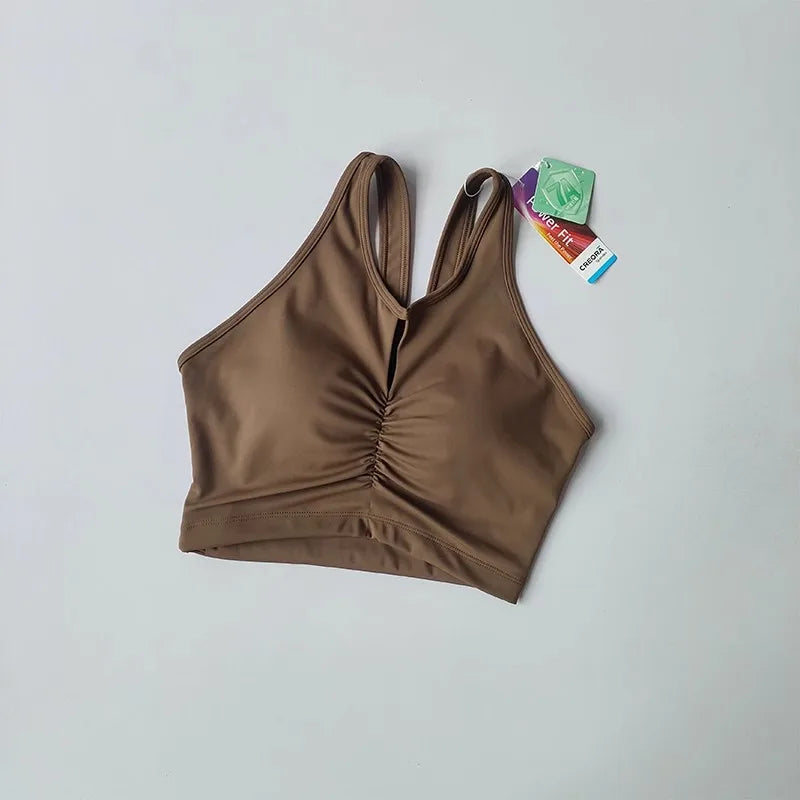 KiKis brown women's push up sports bra with ruched front and double straps