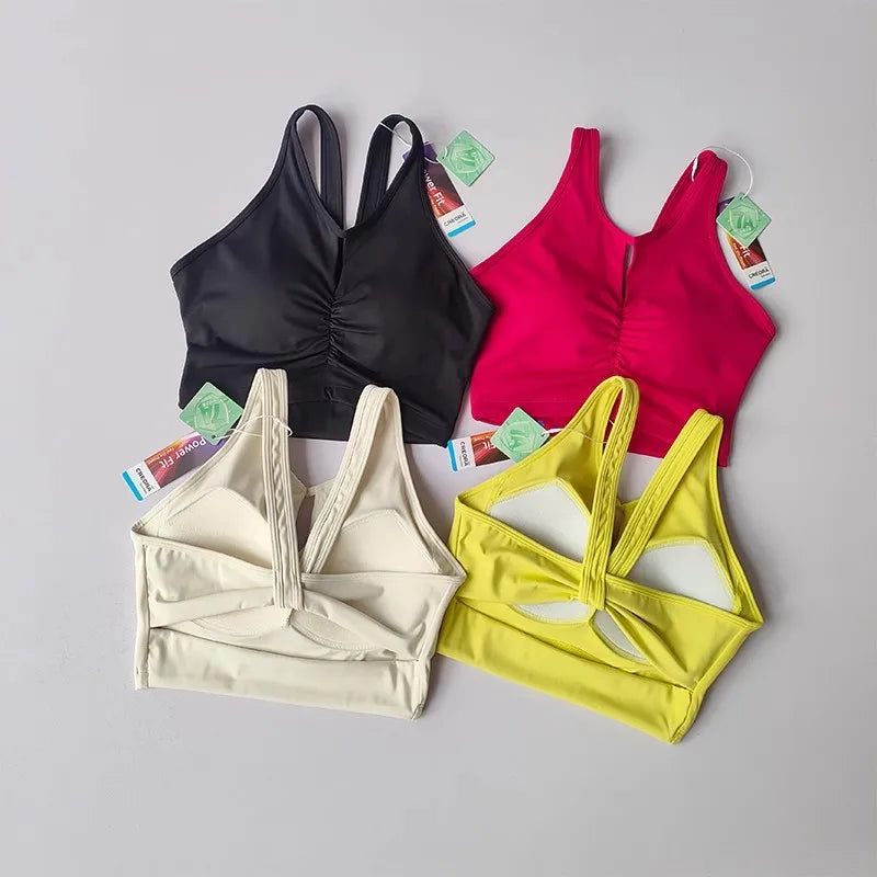 KiKis women's push up sports bra set in black red beige and yellow with stylish back design