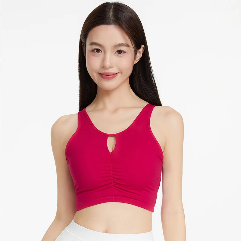 KiKis women's push up sports bra in red with keyhole front and ruched detailing