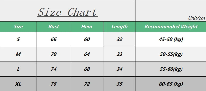 Size chart for women's push up sports bra showing bust, hem, length, and recommended weight in centimeters