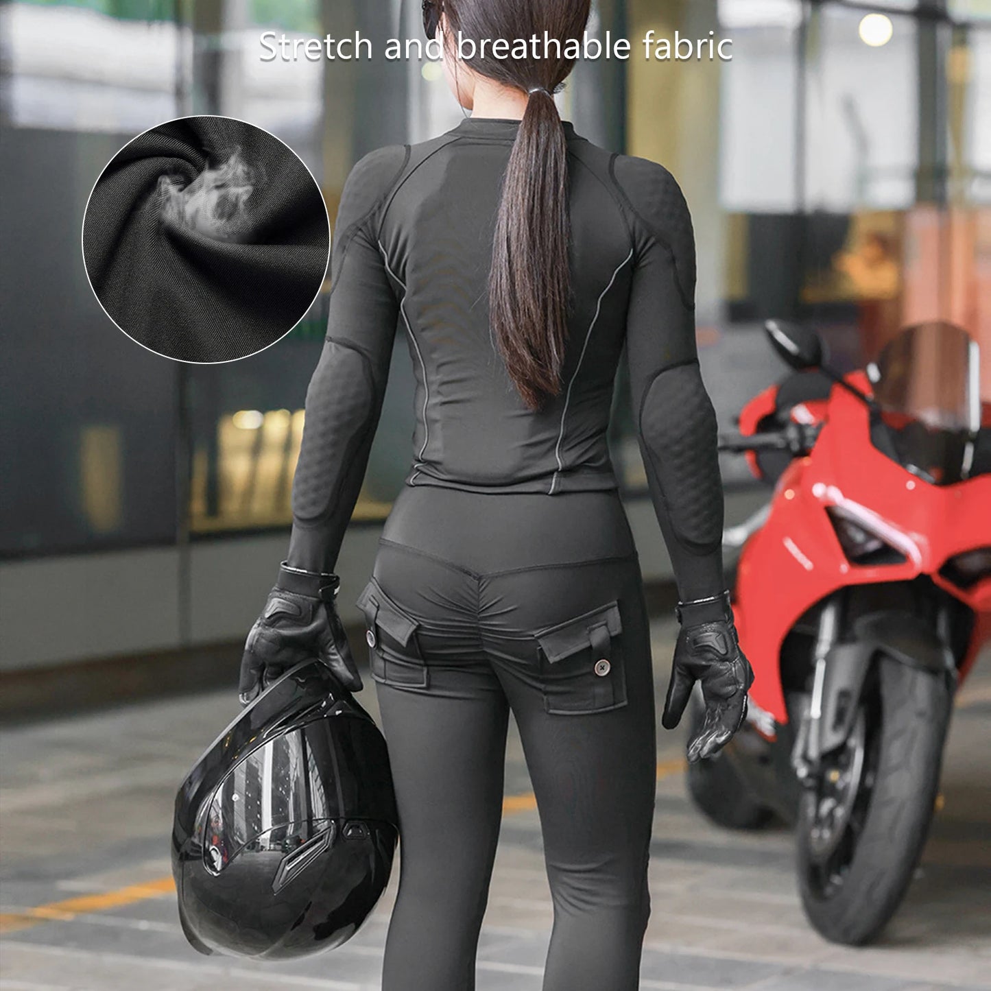 Stylish summer motorcycle jacket for women in black stretch breathable fabric shown from back