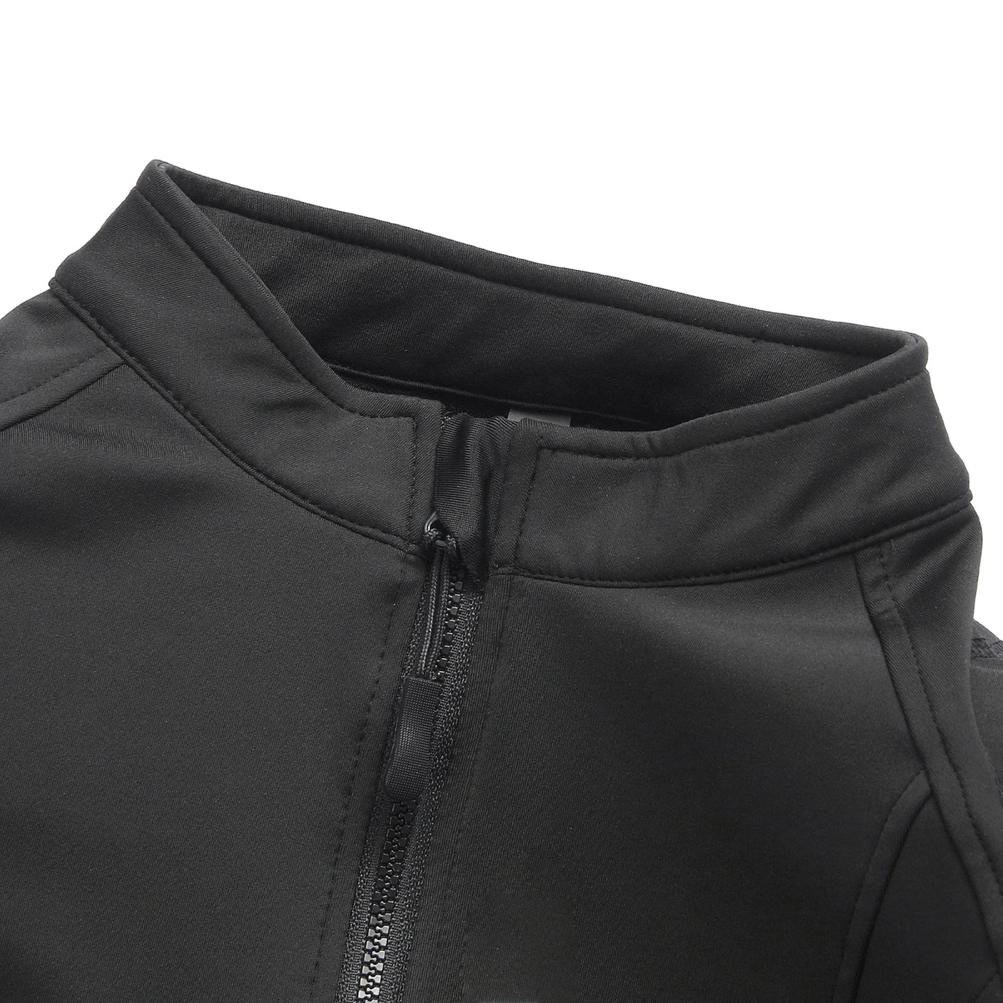 Close-up of black stylish summer motorcycle jacket for women by KiKis with zipper and collar details