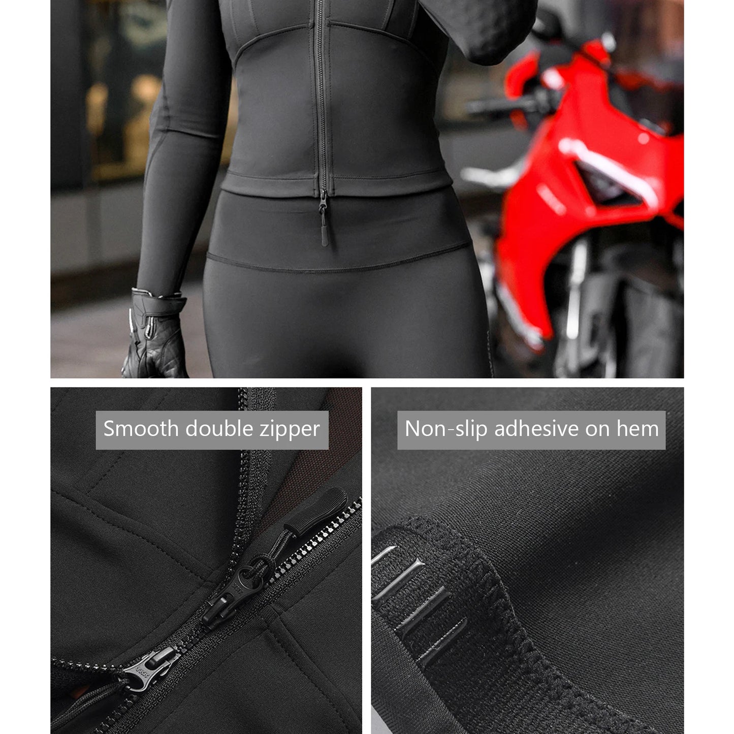 KiKis stylish summer motorcycle jacket for women in black with smooth double zipper and non-slip adhesive hem