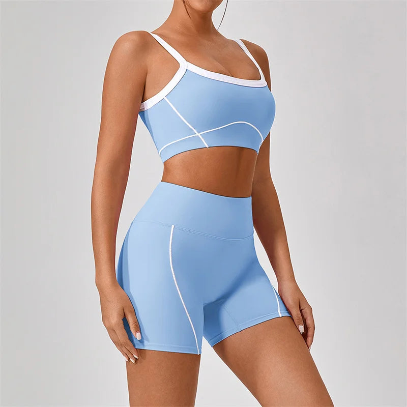 KiKis women's nude fitness shorts set in light blue with white trim and high-waist design