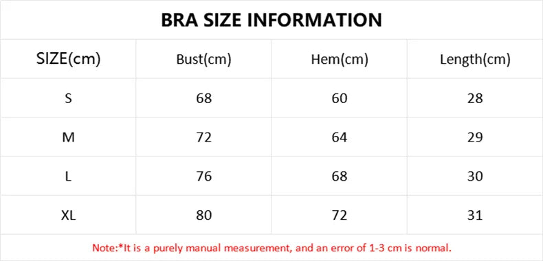 Bra size chart for women's nude fitness shorts set showing bust, hem, and length measurements in centimeters