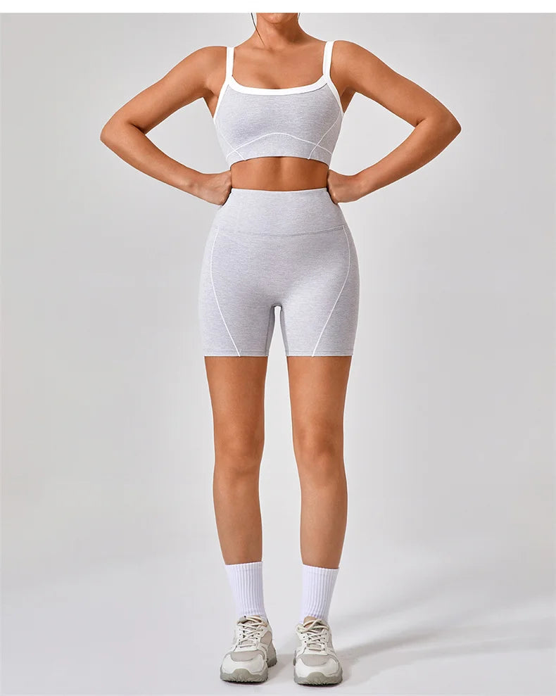KiKis women's nude fitness shorts set featuring high-waisted shorts and a matching crop top
